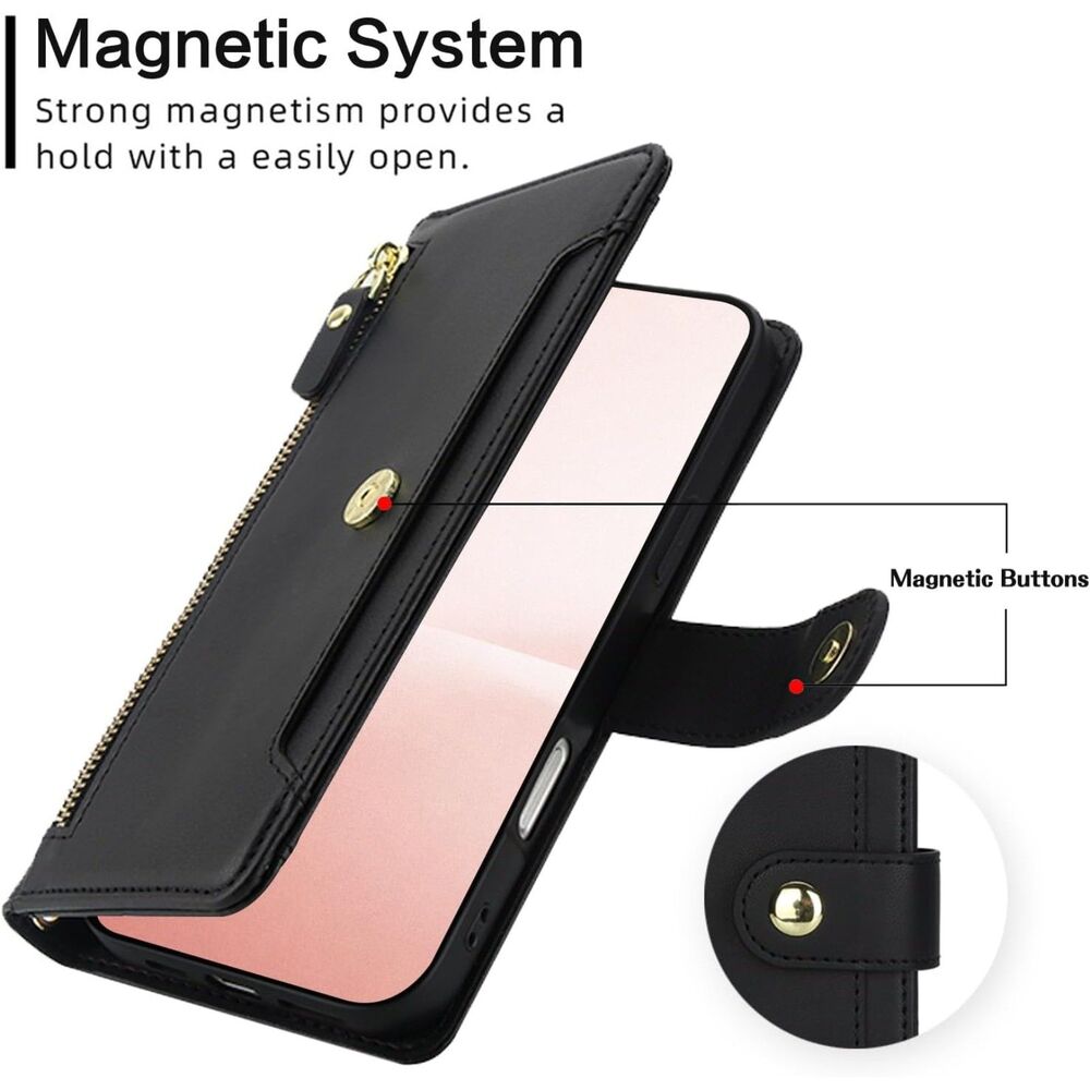iPhone 17E Crossbody Case Black Wallet Zipper Card Holder Wrist Strap Kickstand - Picture 5 of 7